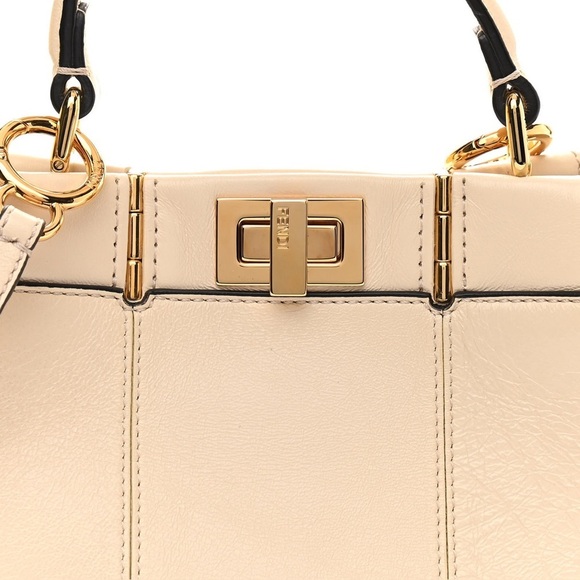 FENDI Agnello Old Shine Medium Peekaboo Iconic Satchel Camelia Cream Gold H/W - Picture 3 of 11